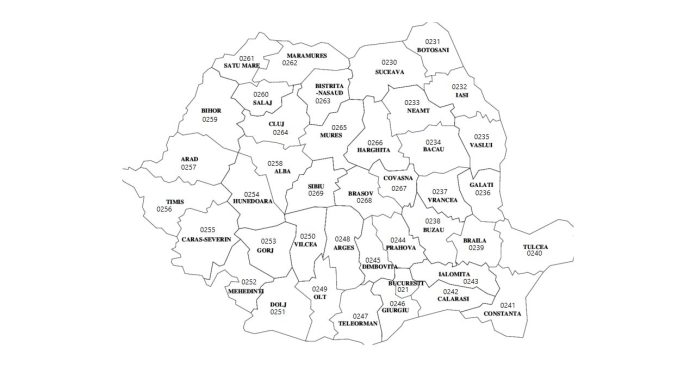 Harta Romaniei cu prefixe telefonice judetene suprapuse