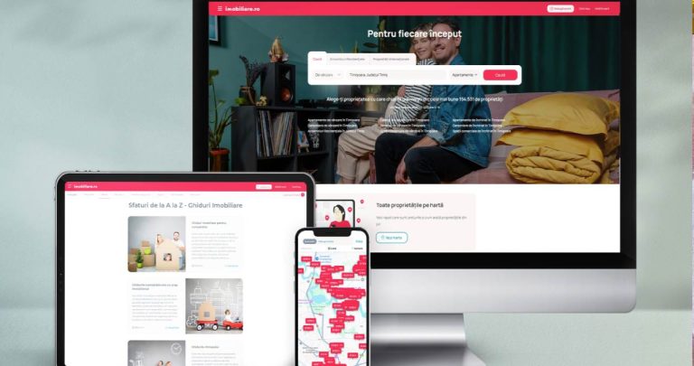 Interfața site-ului imobiliare.ro pe ecranul unui laptop afișând secțiunea de contact și suport clienți