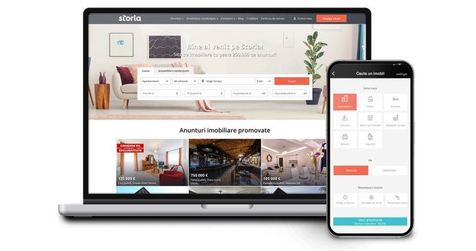 Un agent imobiliar lucrând pe laptop pentru a reactualiza un anunț din contul Storia