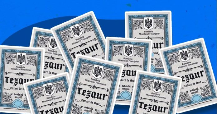 Grafic evoluție dobânzi titluri de stat Tezaur Fidelis 2026 și logo Ministerul Finanțelor