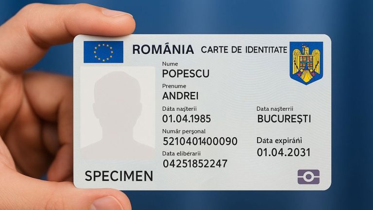 Agent de pază întinzând mâna pentru a prelua o carte de identitate românească
