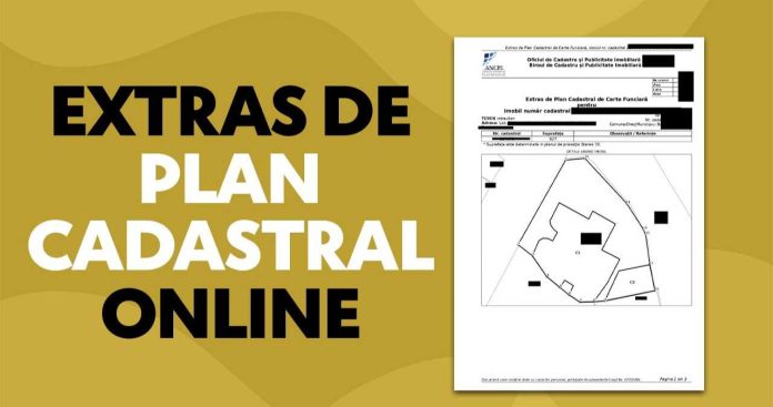 Interfața platformei epay.ancpi.ro afișată pe un monitor, cu un extras de plan cadastral pe ortofotoplan pregătit pentru descărcare