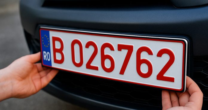 Un polițist rutier demontând o plăcuță cu număr roșu expirat de pe un autoturism parcat pe marginea drumului