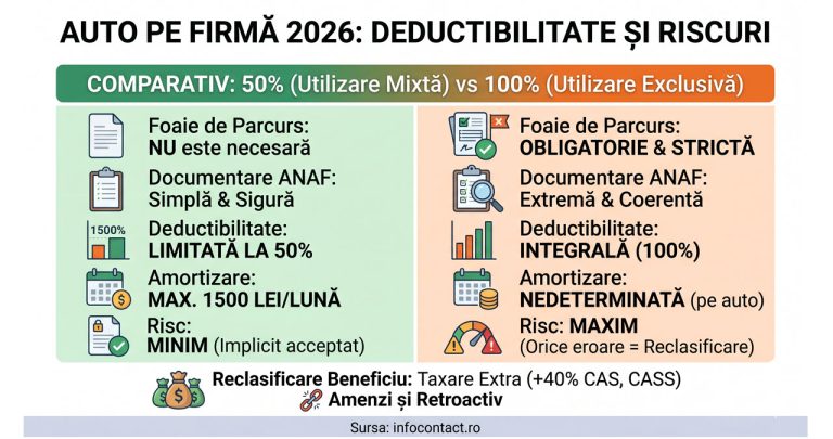 Mașină pe firmă în 2026: Deductibilitate 50% vs 100% | ANAF