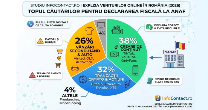 Grafic circular cu topul căutărilor în 2026 pentru declararea veniturilor la ANAF din TikTok, Crypto și Vinted.